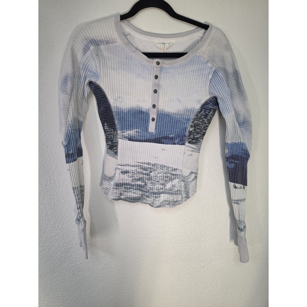 FP Movement Henley Women S Blue White Long Sleeve Collared Casual Top Shirt